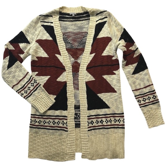 Charlotte Russe Sweaters - Aztec Open Front Knit Tunic Southwestern Sweater S M Beige Red Black Y2K Boho